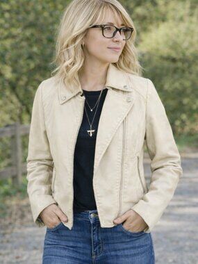 Bagatelle Ivory Faux Leather Moto Jacket with Zipper details, Large